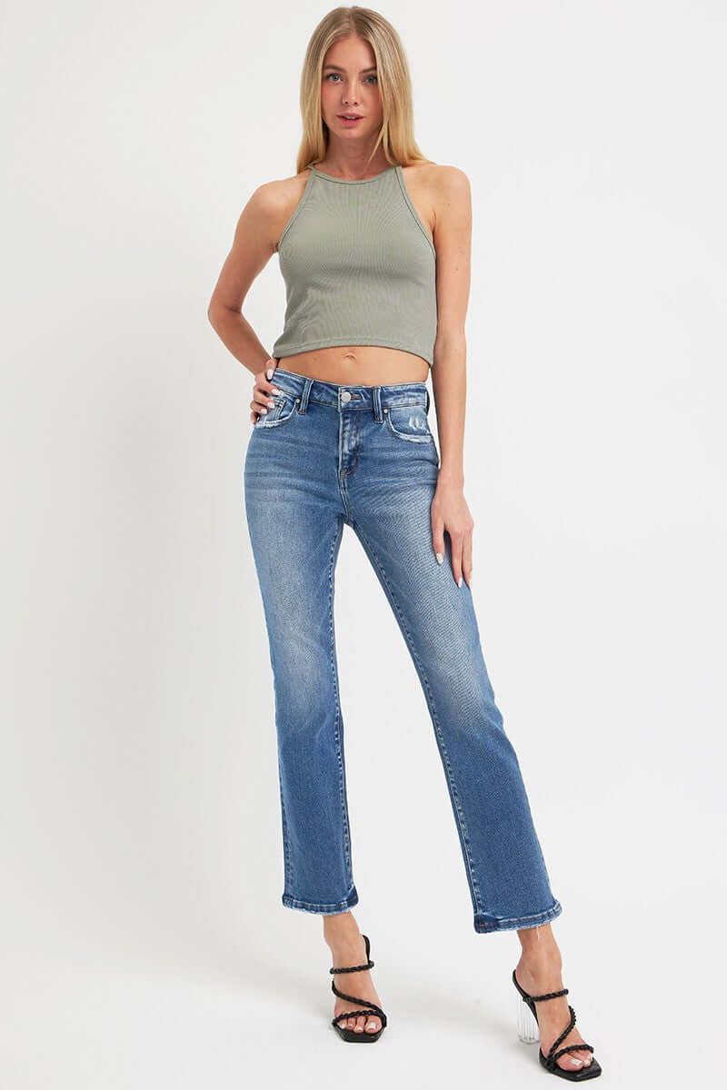 Mid Rise Ankle Straight Jeans with Pockets