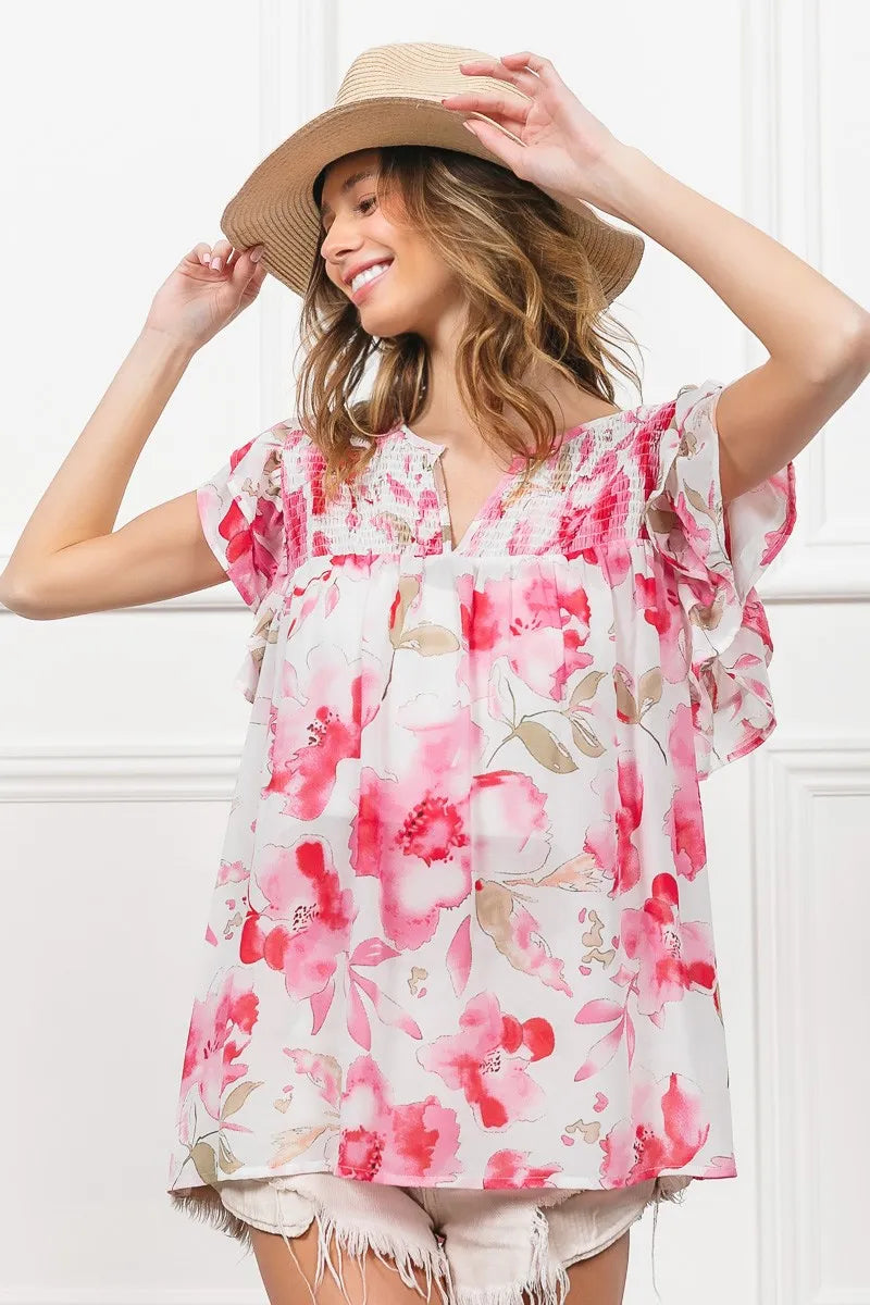 Floral Print Flutter Sheer Top