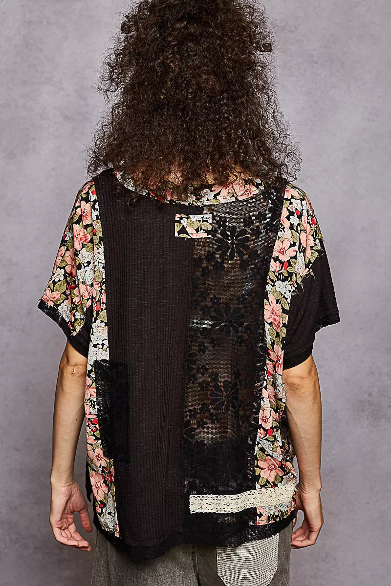 POL Lace Round Neck Short Sleeve Floral Pattern Top with Patch Detail
