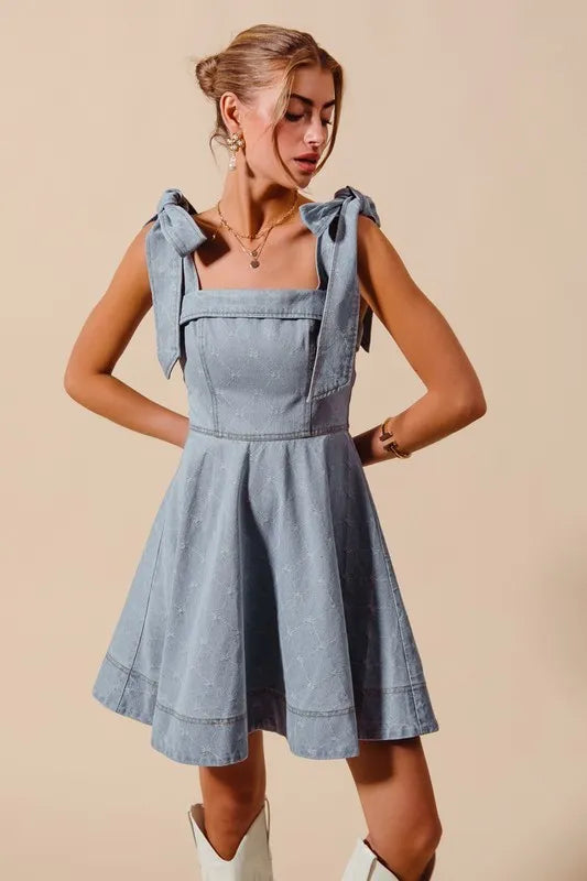 Fit and Flare Diamond Bow Ribbon Denim Dress