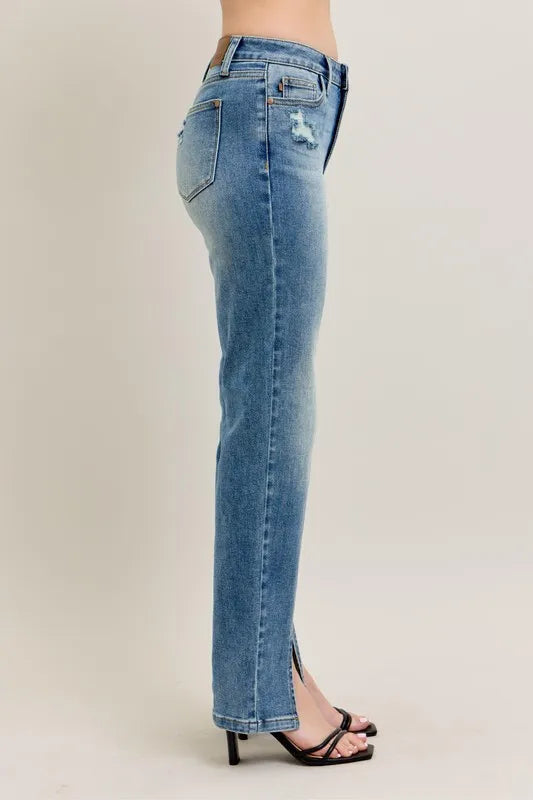 High Waist Front Seam & Slit Straight Jeans