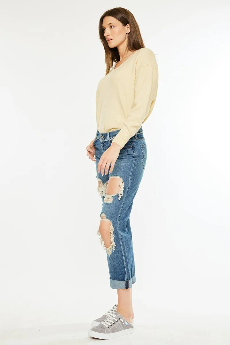 Distressed Mid Rise True Boyfriend Jeans
