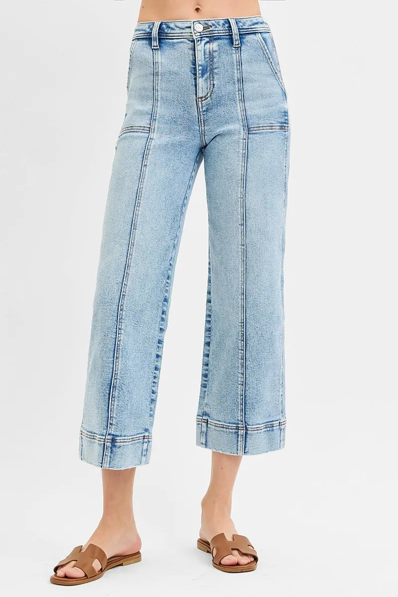 High Rise Crop Wide Front Seam Detailed Jeans