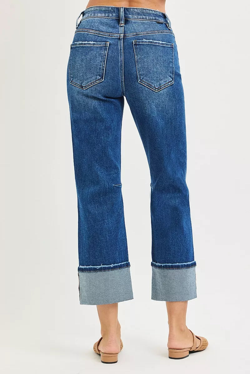 High Rise Straight Jeans with Distressed Hem