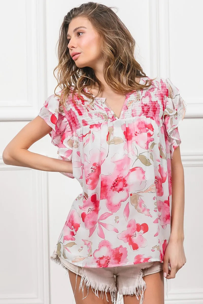 Floral Print Flutter Sheer Top