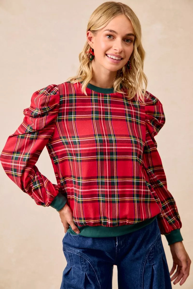 Plaid Exaggerated Shoulder Top