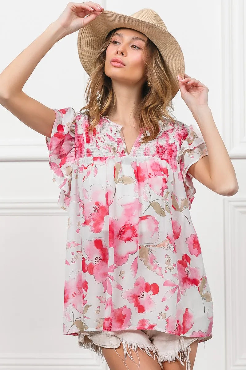 Floral Print Flutter Sheer Top