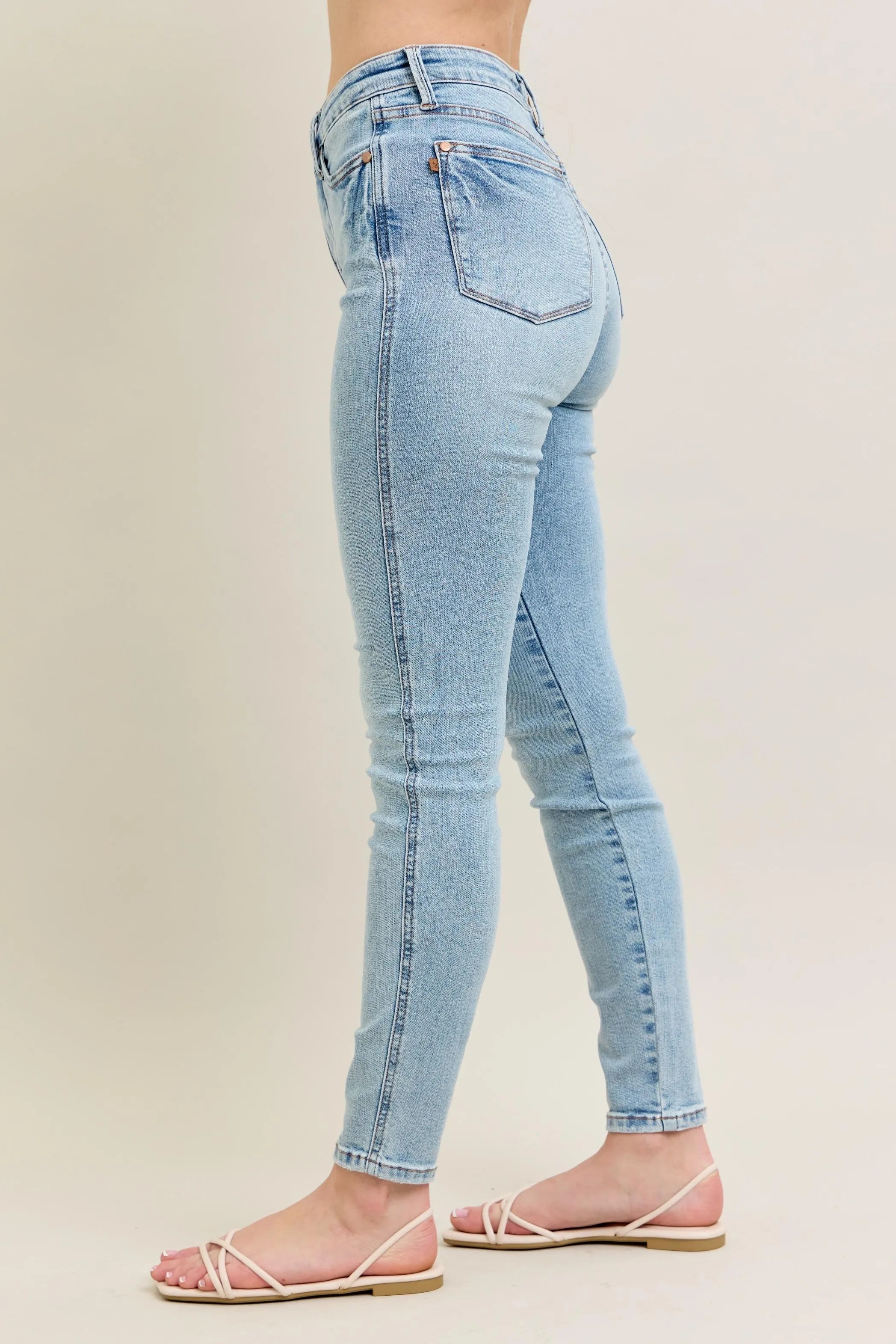 Mid Rise Tummy Control Vintage Wash Skinny Jeans