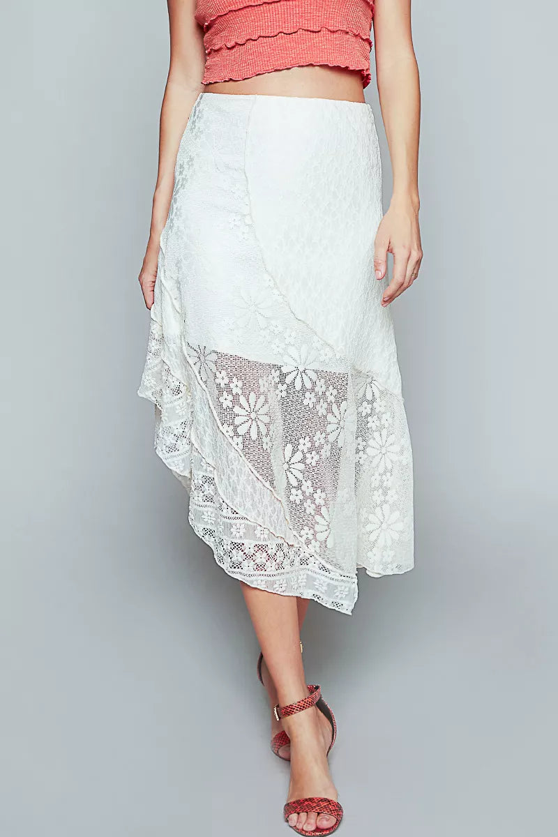 POL Ruffled Floral Lace Skirt with Unbalanced Hem