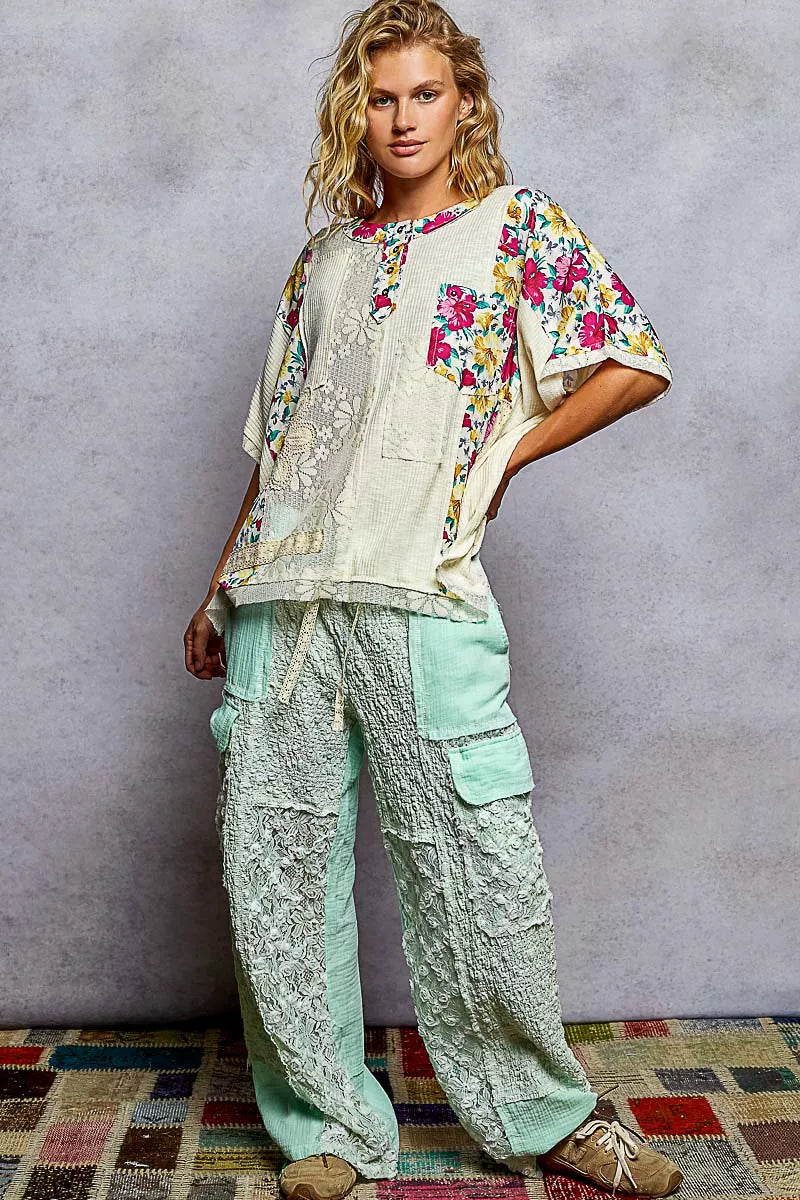 Lace Floral Pattern Top with Patch Detail