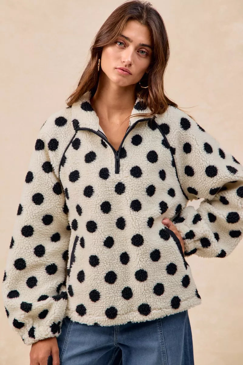 Polka Dot Sherpa Half Zip Up Top