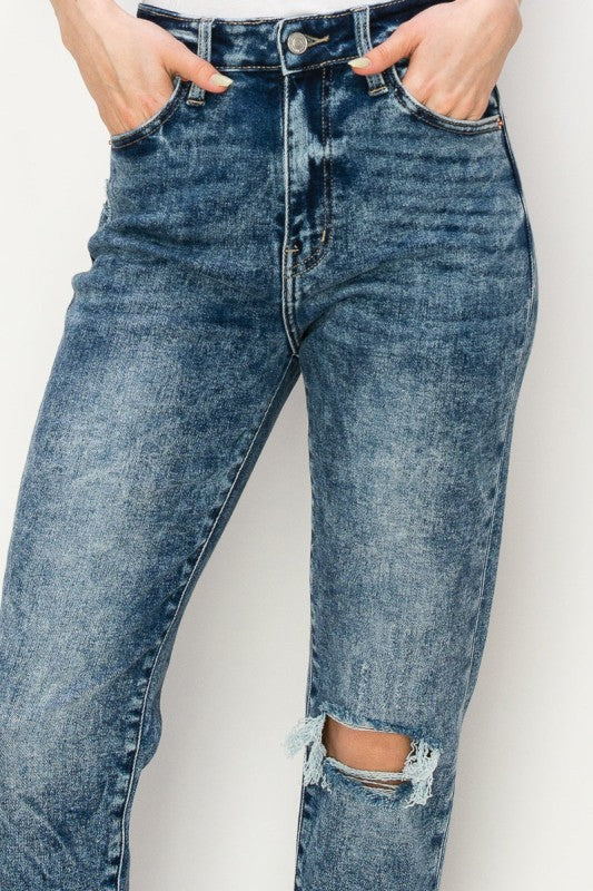 High Rise Stretch Distressed Mom Jeans