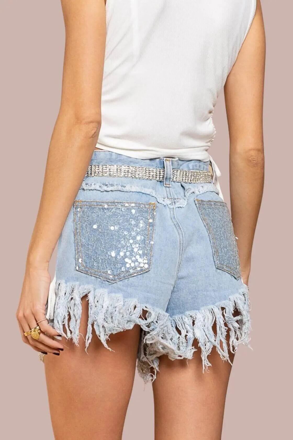 POL Sequin-Adorned Twill Shorts with Fringe Detailing