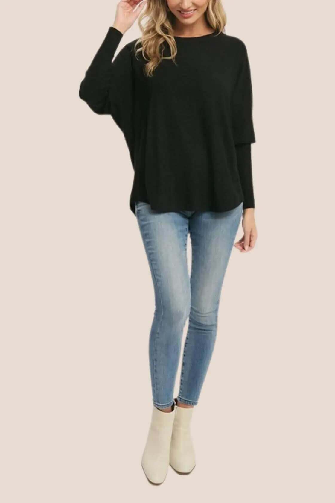 Black Pullover With Batwing Sleeves - Rocca & Co