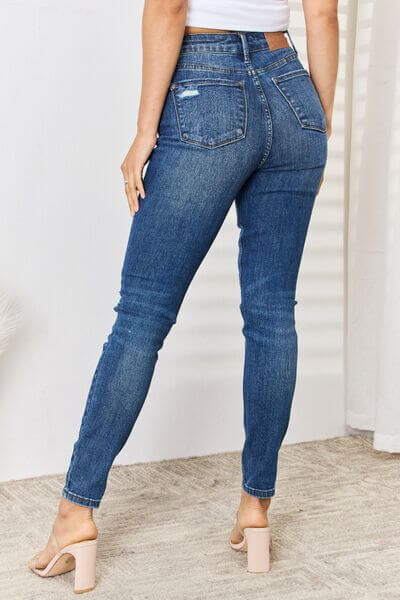 High Waist Distressed Slim Jeans