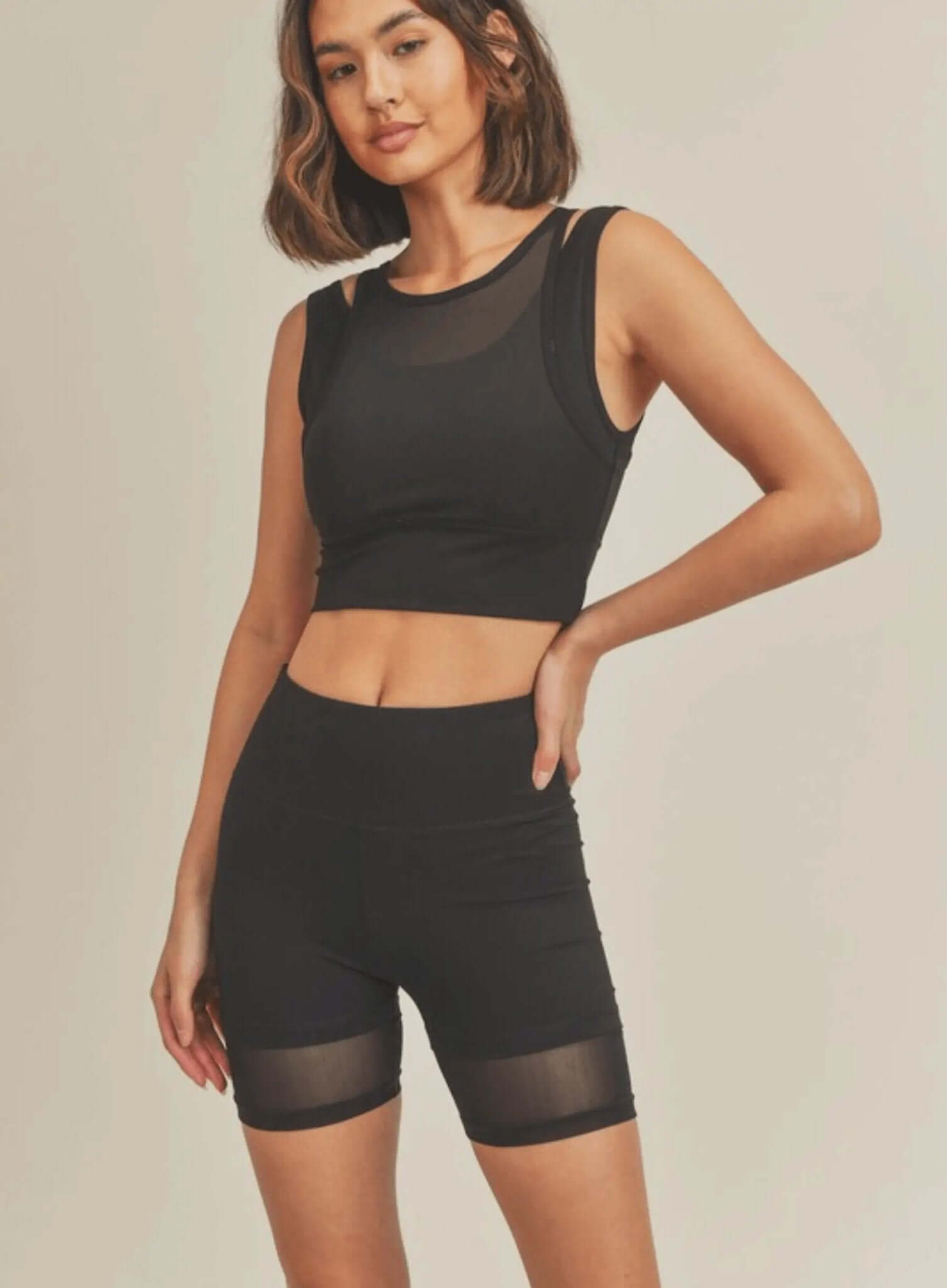 Mesh Overlay Sports Bra & Biker Short Set - Rocca & Co