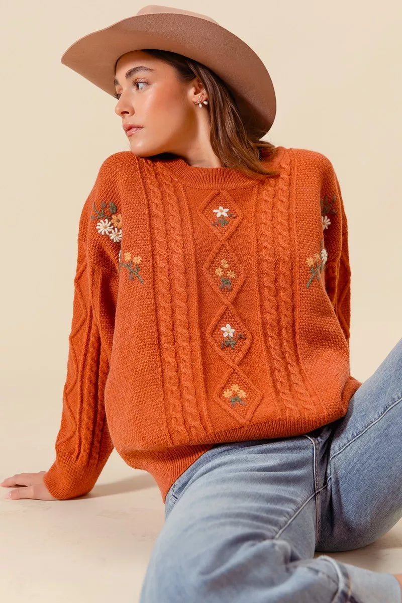 Embroidered Flower Cable Knitted Sweater