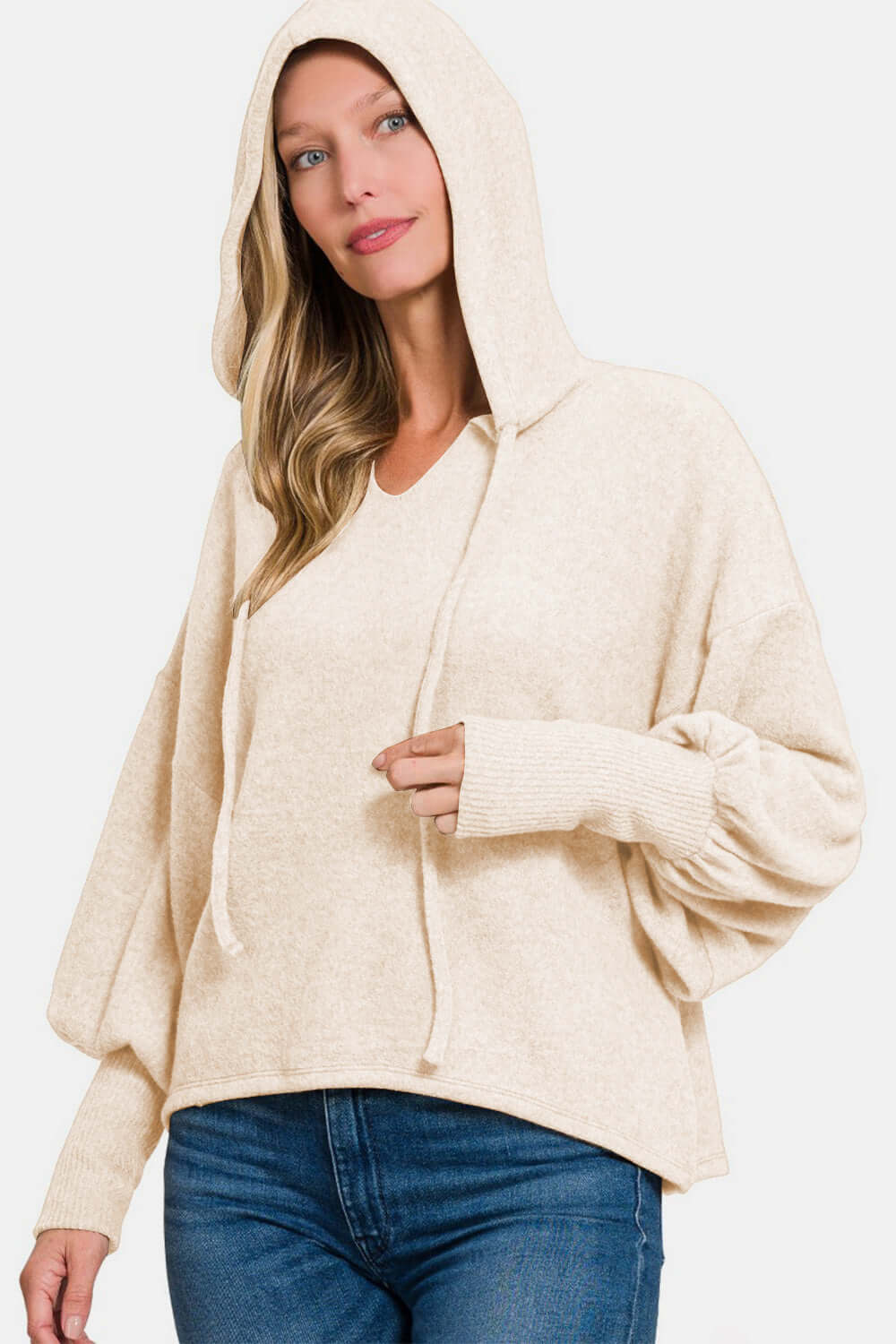 Brushed Hacci Drop Shoulder Cropped Hoodie