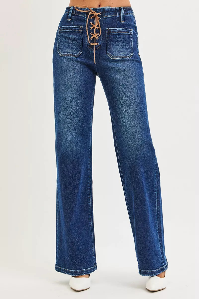 High Rise Wide Leg Jeans with Front Tie Detail