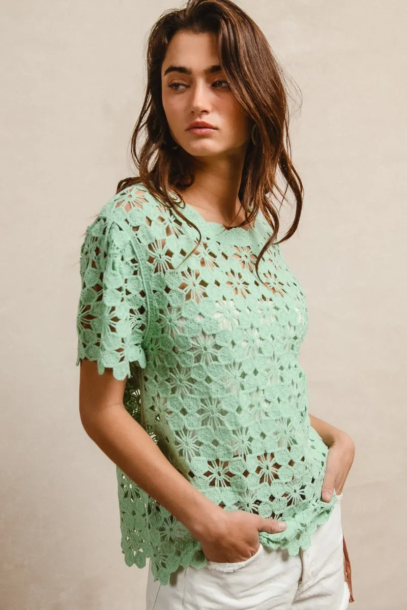 Openwork Crochet Short Sleeve Knit Top