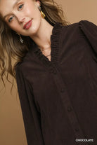 Corduroy Ruffle Shirt with Long Puff Sleeves