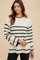 Side Slit Striped Round Neck Sweater