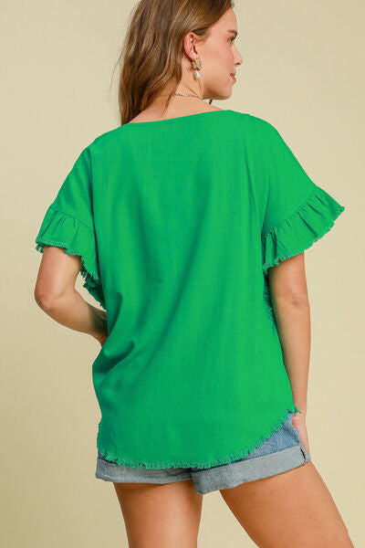 Raw Hem Ruffle Short Sleeve Blouse