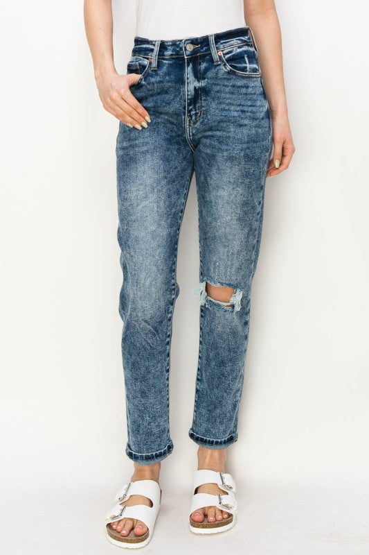High Rise Stretch Distressed Mom Jeans