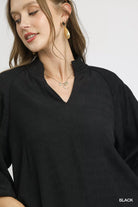 Textured V-Neck Blouse with Balloon Sleeves