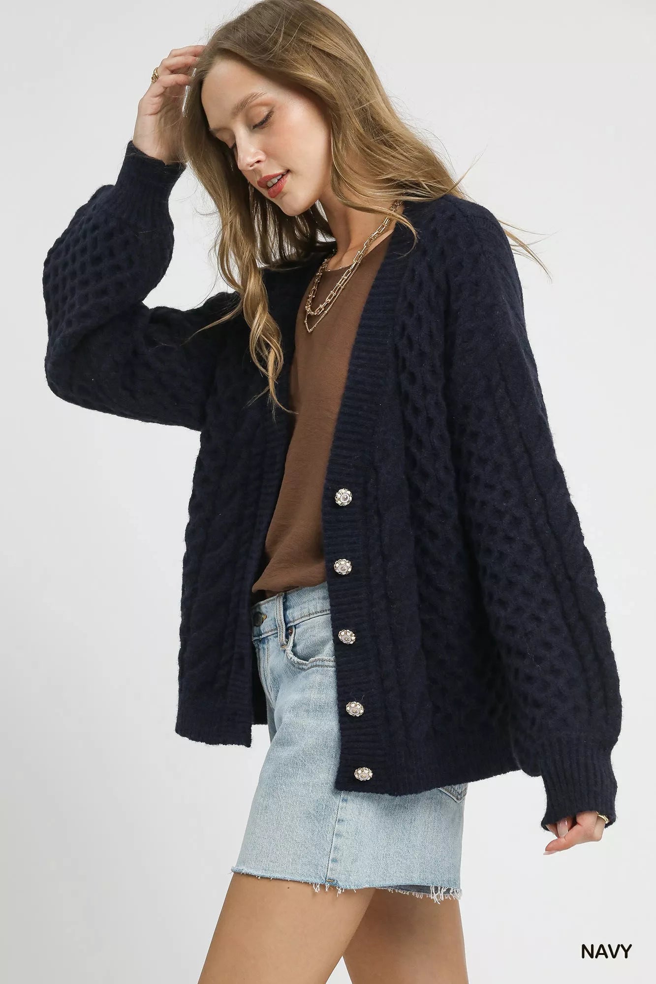 Cable Knit Pearl Button Cardigan