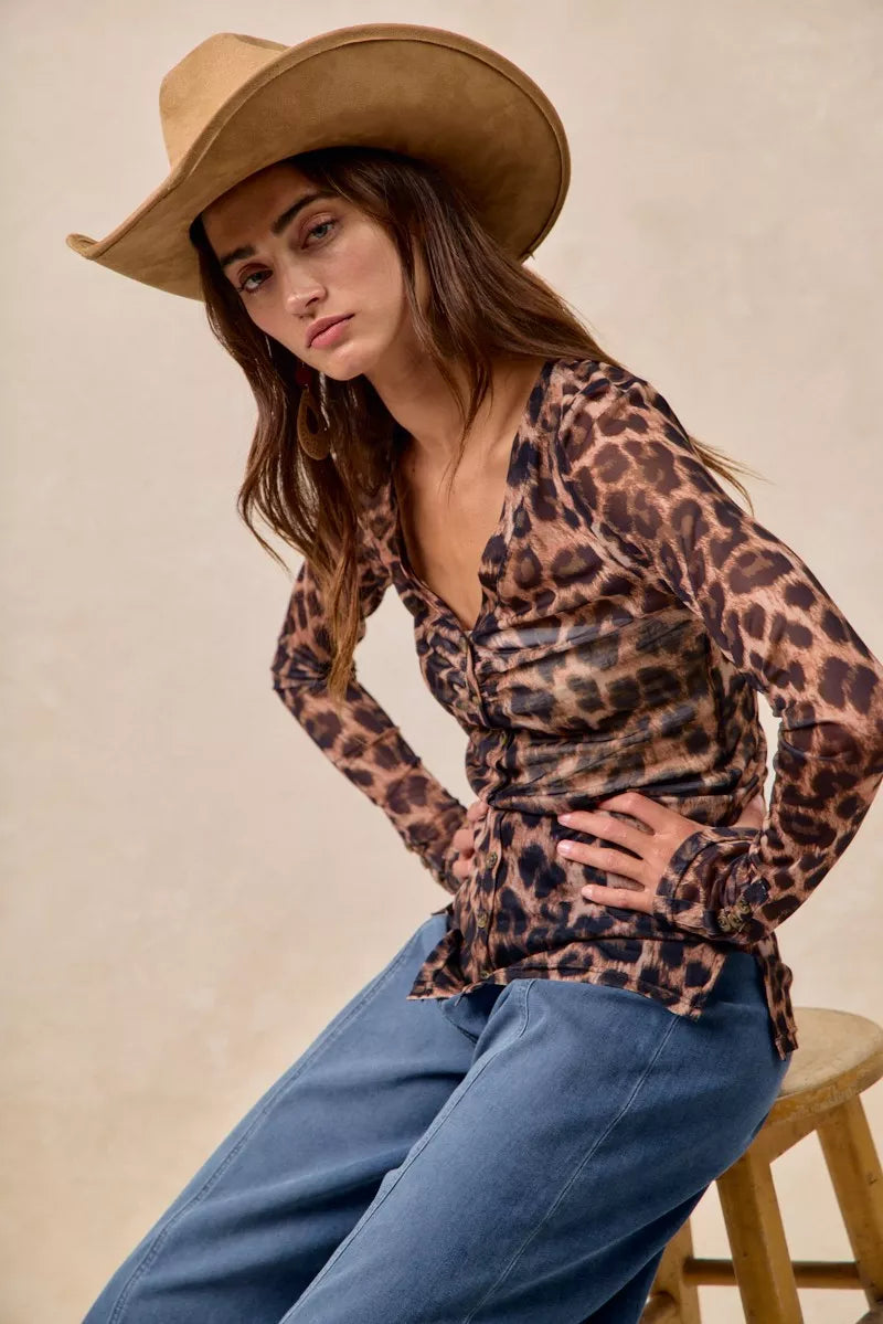 Leopard Printed Mesh Button Up Shirt