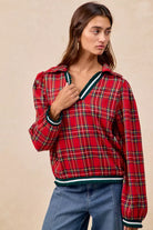 BiBi Christmas Plaid Collared Top with Ruffled Detail