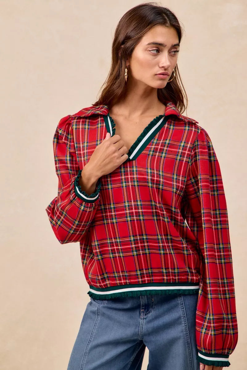 BiBi Christmas Plaid Collared Top with Ruffled Detail