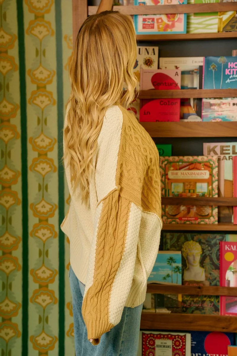 BiBi Cable Knit With Hacci Combo Sweater With Uneven Hem Detail