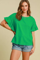 Raw Hem Ruffle Short Sleeve Blouse