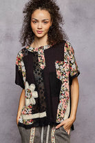 POL Lace Round Neck Short Sleeve Floral Pattern Top with Patch Detail