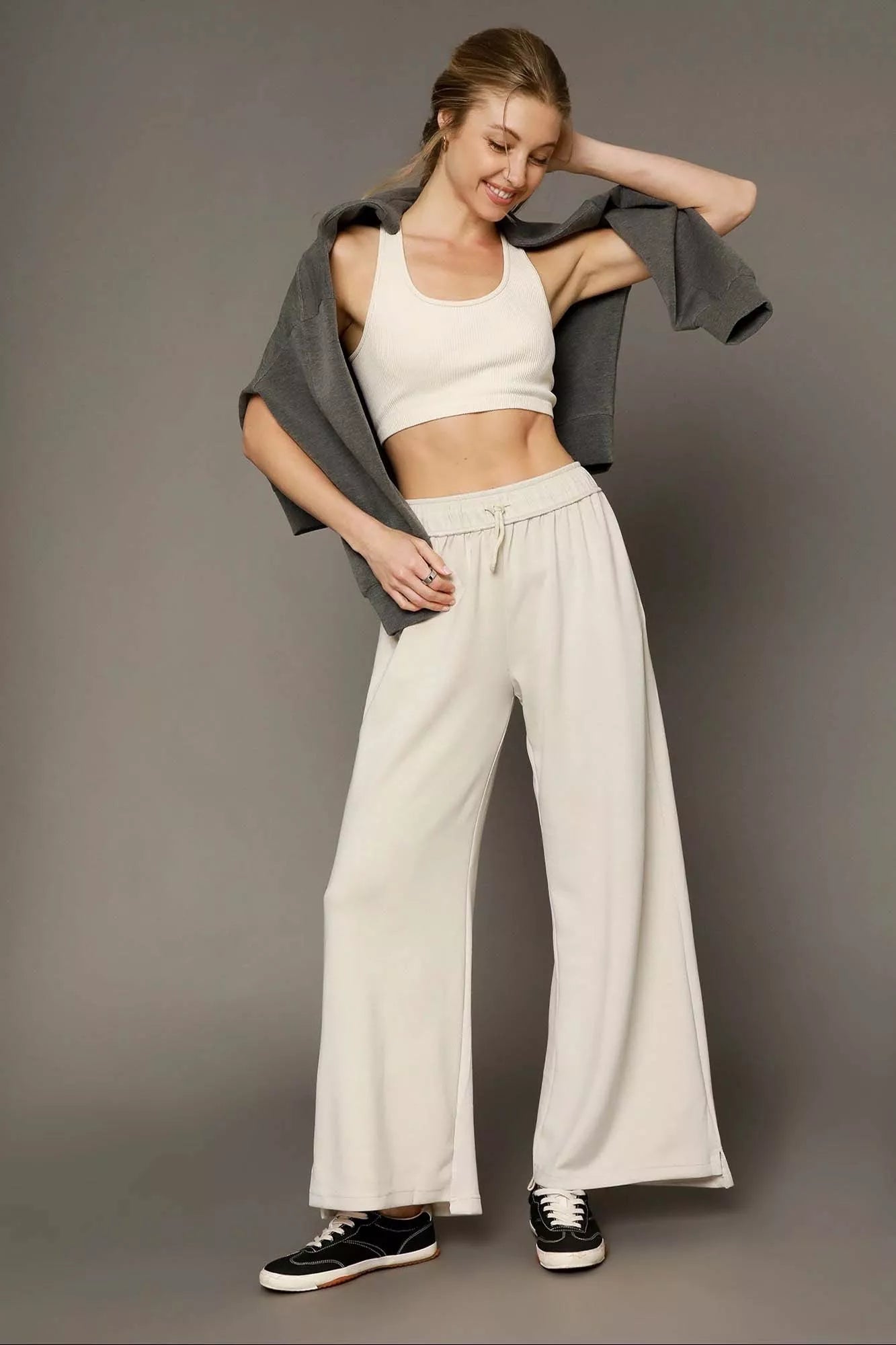 Elastic Drawstring Waistband Wide Leg Pants