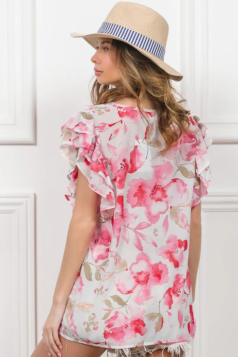 Floral Print Flutter Sheer Top