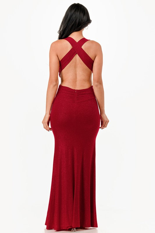 Ruched Halter Top Full Length Gown