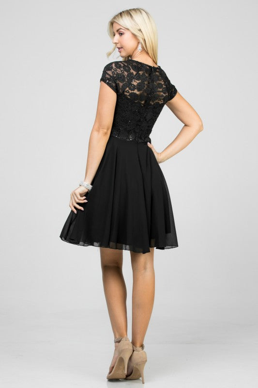 Lace Bodice Beaded Belt Chiffon Mini Dress