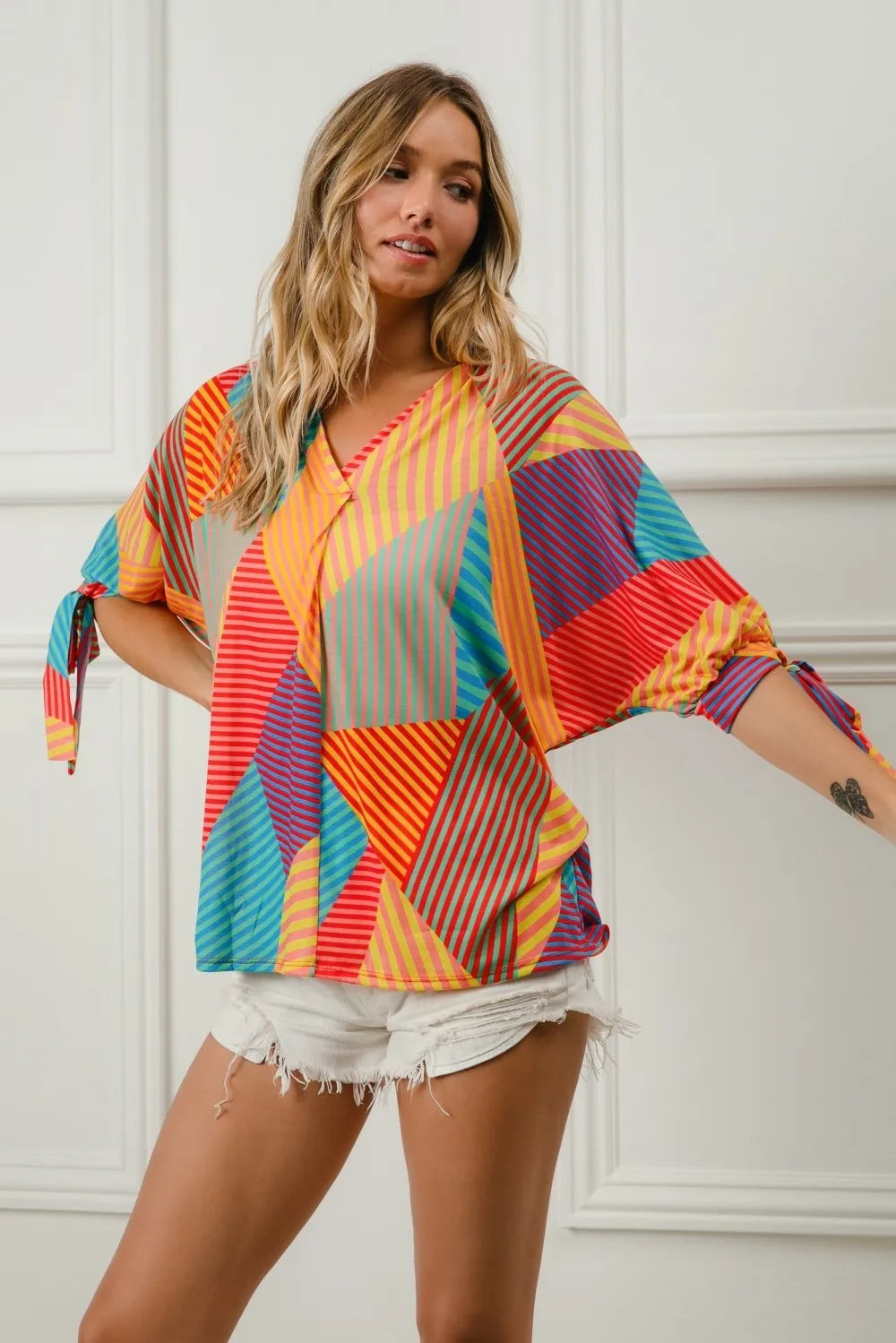 BiBi Multi Stripe Block Printed Jersey Blouse with Tied Sleeves