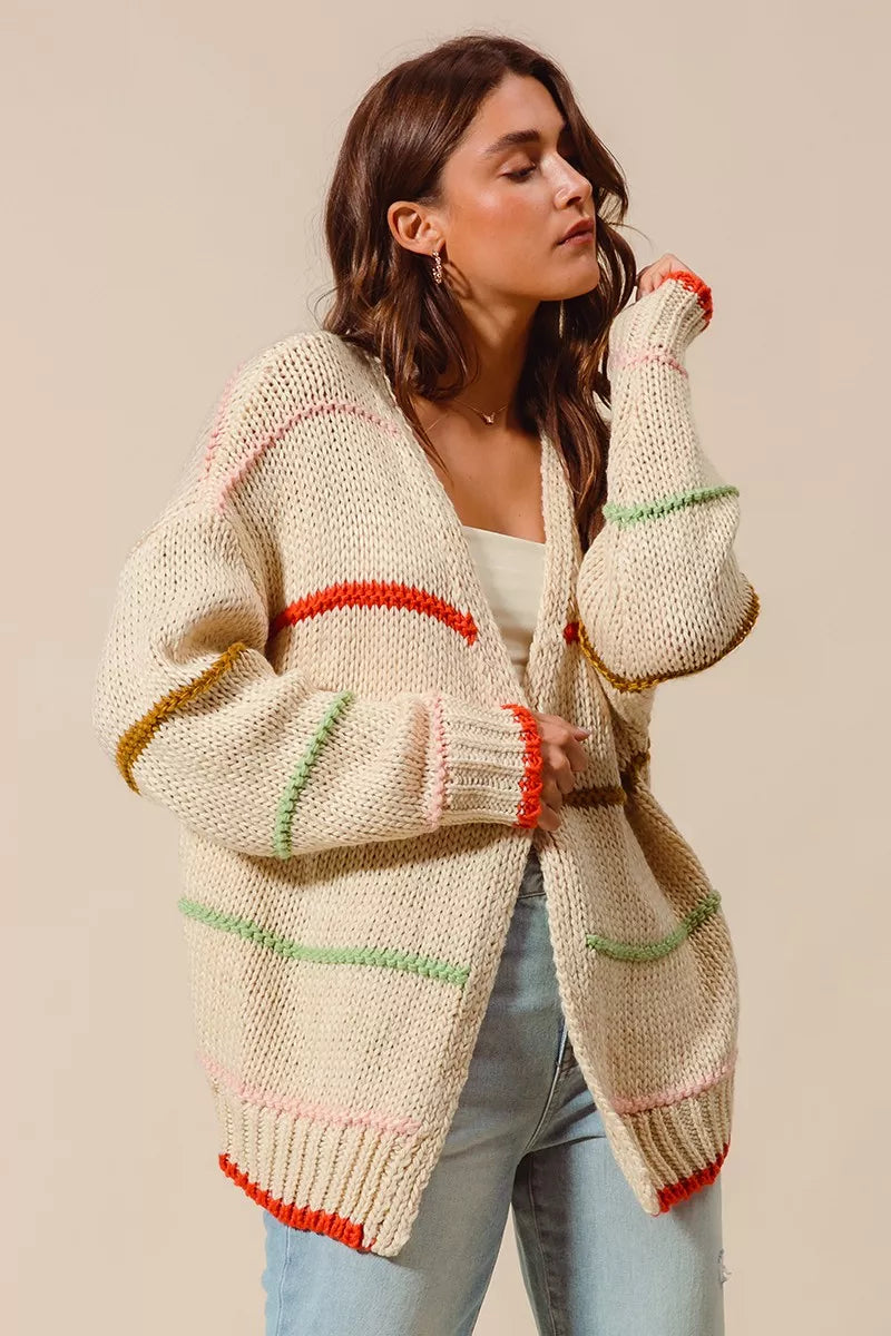 Loose Fit Multi Stripe Open Front Cardigan
