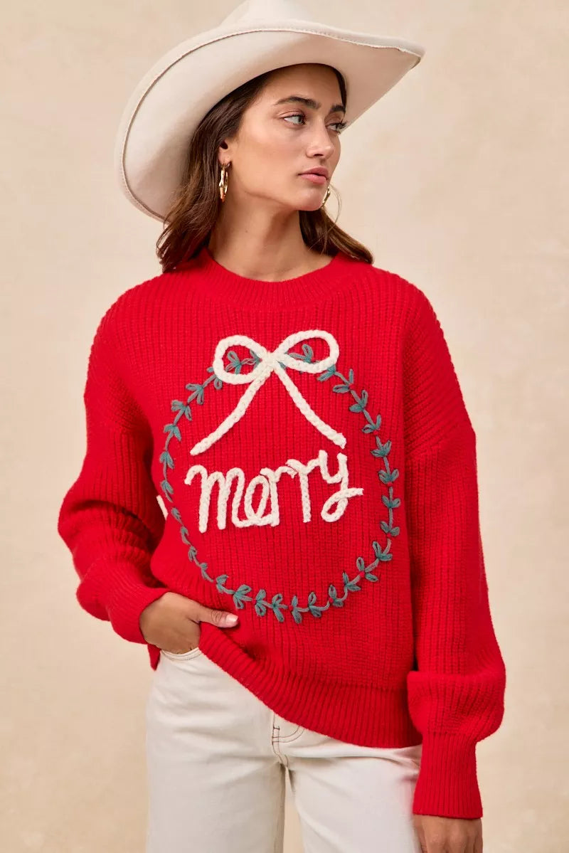 BiBi Christmas Wreath Merry Letter Knit Top