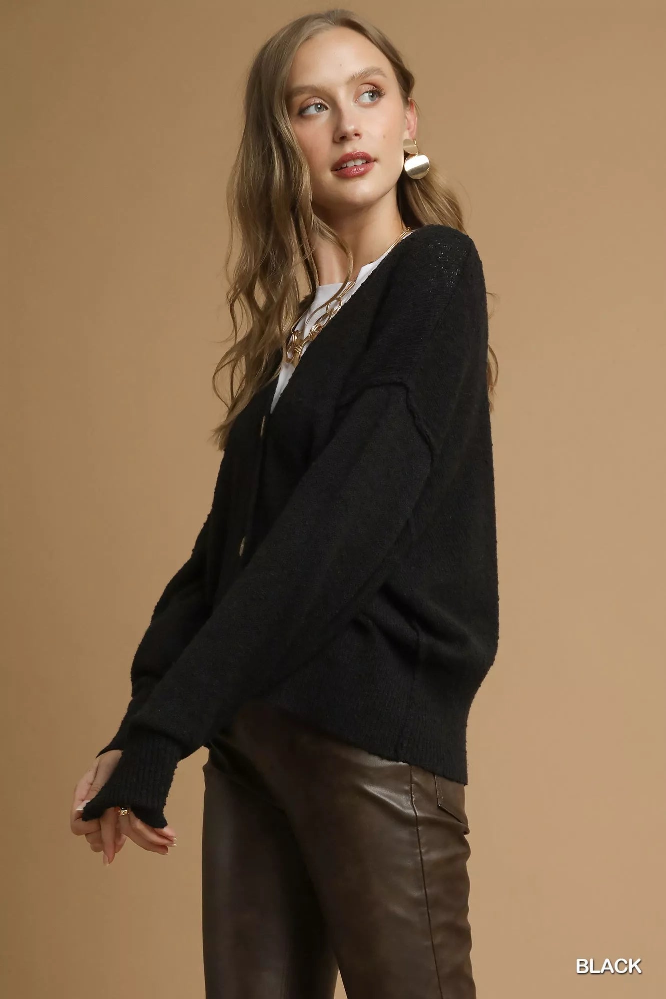 Button-Front V-Neck Knit Cardigan