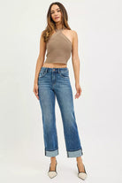 4 Way Stretch Slouchy Straight Jeans with Cuffed Hem