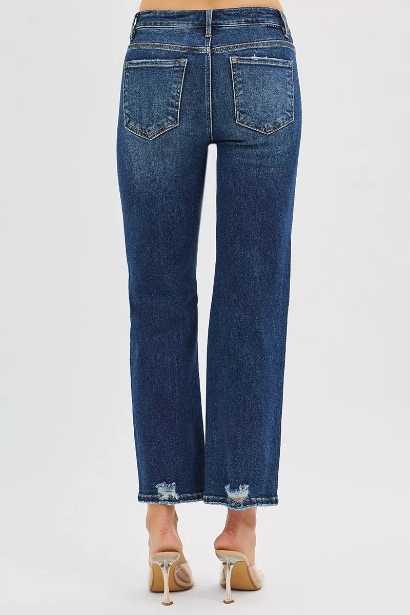 High Rise Crop Slim Straight Jeans with Hidden Knee Patch
