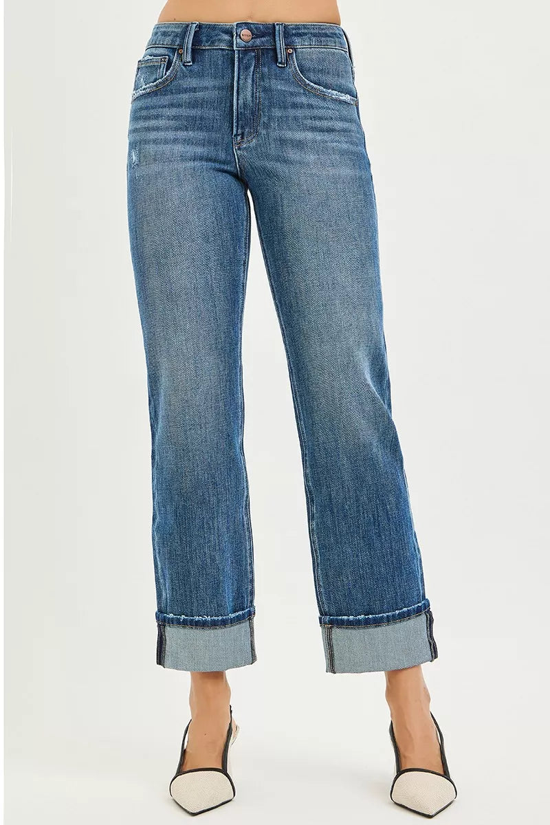 4 Way Stretch Slouchy Straight Jeans with Cuffed Hem