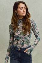 SO ME Floral Print Mesh Knit Long Sleeves Top