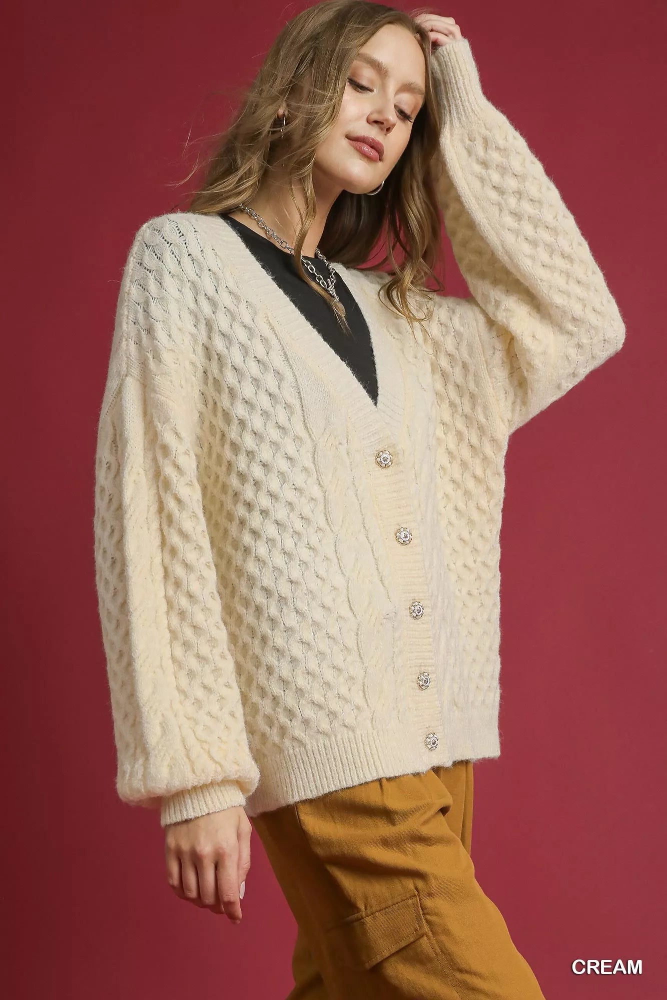Cable Knit Pearl Button Cardigan