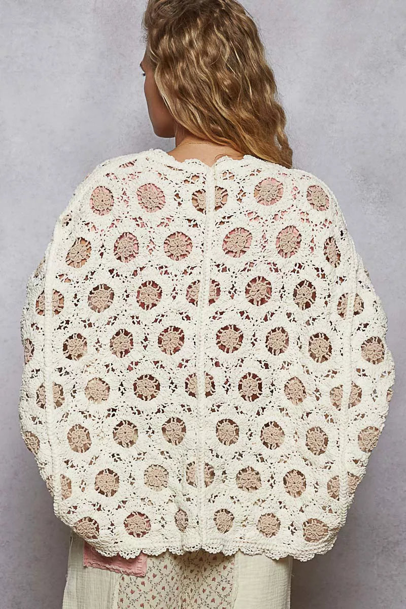 Openwork Chenille Cardigan with Contrast Floral